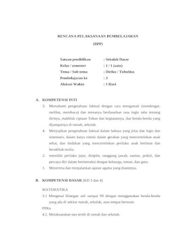 Rpp Kurikulum 2013 Kelas 1 Tema 1 Sub Tema 2 Pembelajaran 3 Docx Document
