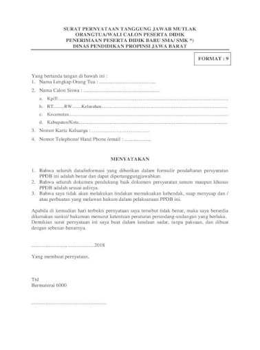 Surat Pernyataan Tanggung Jawab Mutlak 2018 05 22 Surat Pernyataan Tanggung Jawab Mutlak Orangtua Wali Pdf Document