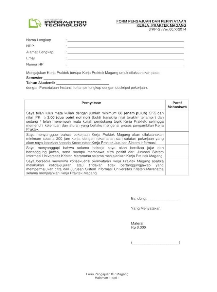 Form Pengajuan Kerja Praktek Si Persetujuan Instansi Untuk Kp Magang Halaman 2 Dari 2 Bagian Ii Pdf Document